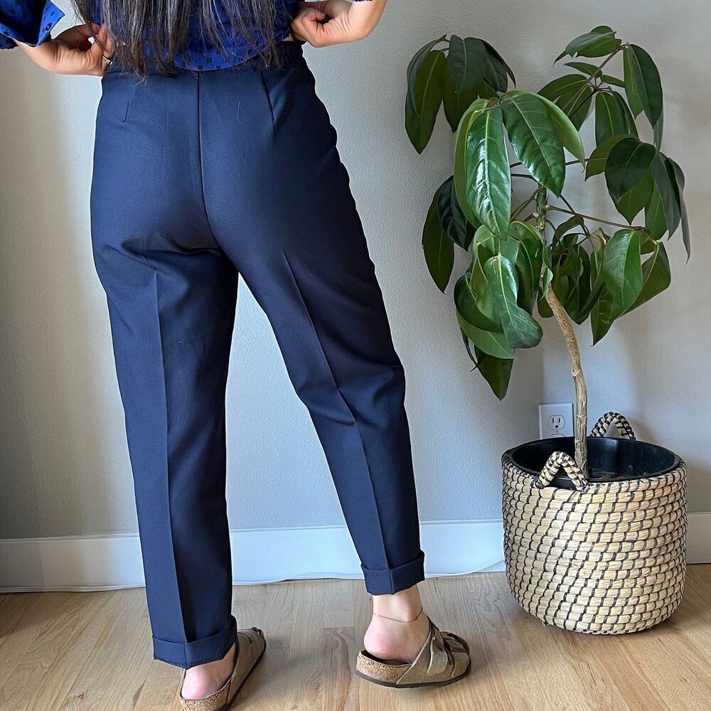 vintage navy blue high waisted trousers pants pockets‎ old money size 8 petite - Picture 4 of 10